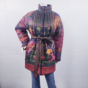 Farm Rio Reversible Puffer Jacket Patchwork Floral Belted Multi Color Small